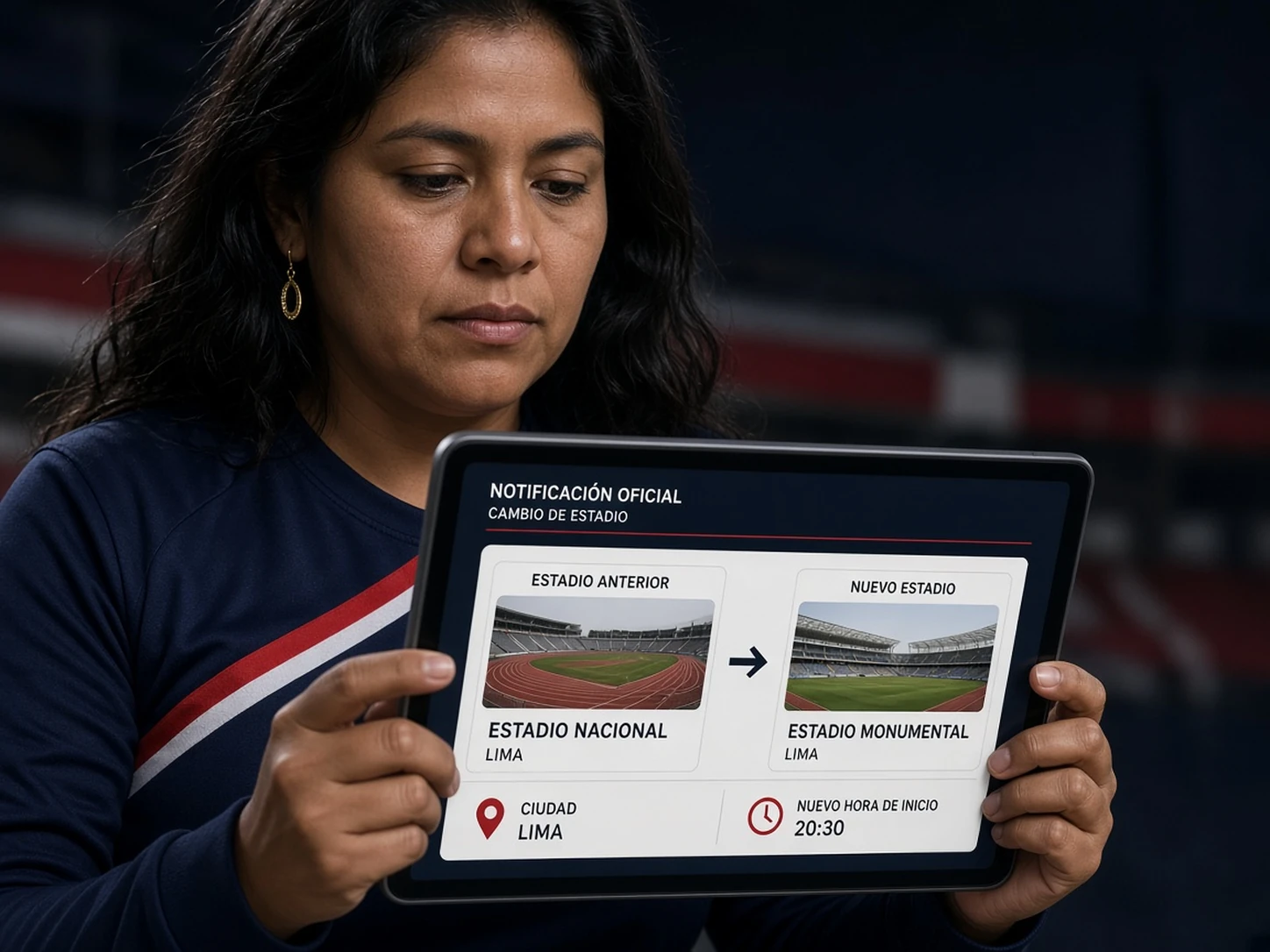 Mujer peruana revisando una notificación oficial de cambio de estadio para un partido de Perú