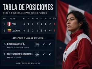 Mujer peruana comparando criterios de desempate entre Perú y otro equipo con los mismos puntos