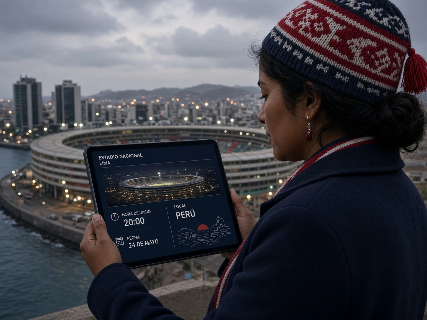 Mujer peruana revisando sede, horario y localía de un partido de Perú en el Estadio Nacional