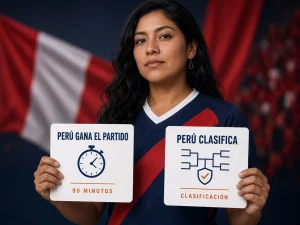 Mujer peruana comparando Perú gana el partido con Perú clasifica