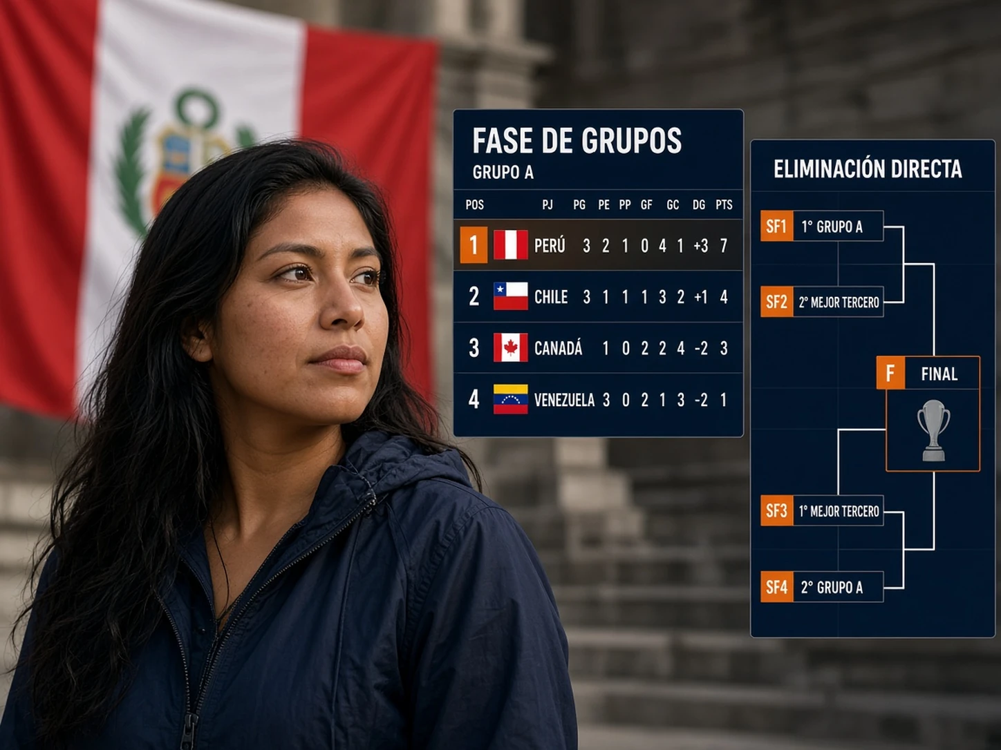 Mujer peruana comparando fase de grupos y eliminación directa en un partido de Perú