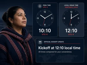 Mujer peruana comparando la hora peruana y la hora local de un partido de la selección