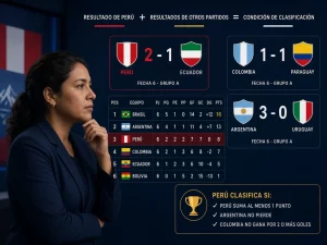 Mujer peruana analizando una tabla con el partido de Perú y resultados de otros equipos necesarios para clasificar