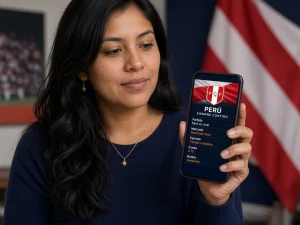 Mujer peruana revisando en su celular un mercado y boleto de un partido de la Selección Peruana