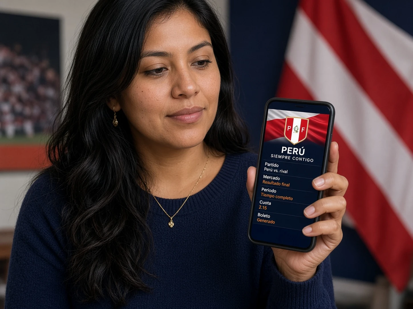 Mujer peruana revisando en su celular un mercado y boleto de un partido de la Selección Peruana
