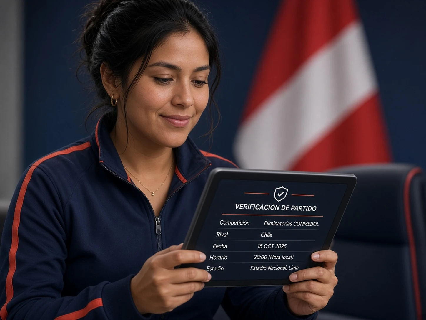 Mujer peruana verificando competición, rival, fecha, horario y estadio antes de apostar a Perú