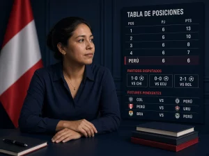 Mujer peruana comparando puntos, partidos jugados y fechas restantes de Perú en una tabla