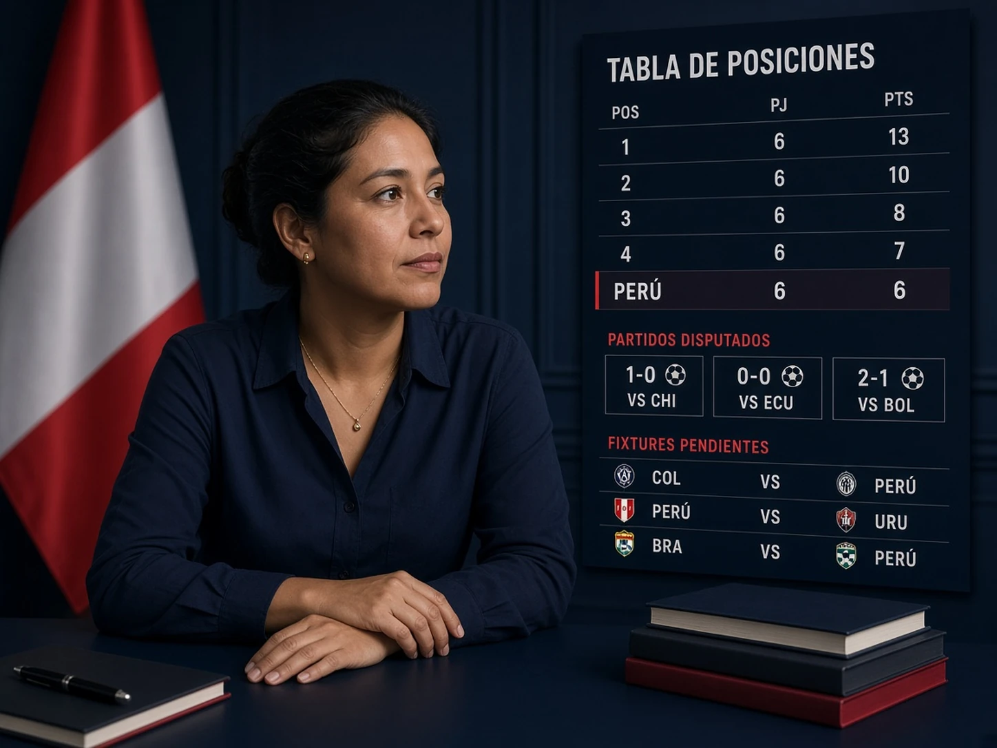 Mujer peruana comparando puntos, partidos jugados y fechas restantes de Perú en una tabla