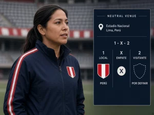 Mujer peruana comparando local y visitante designados en un partido de Perú disputado en sede neutral