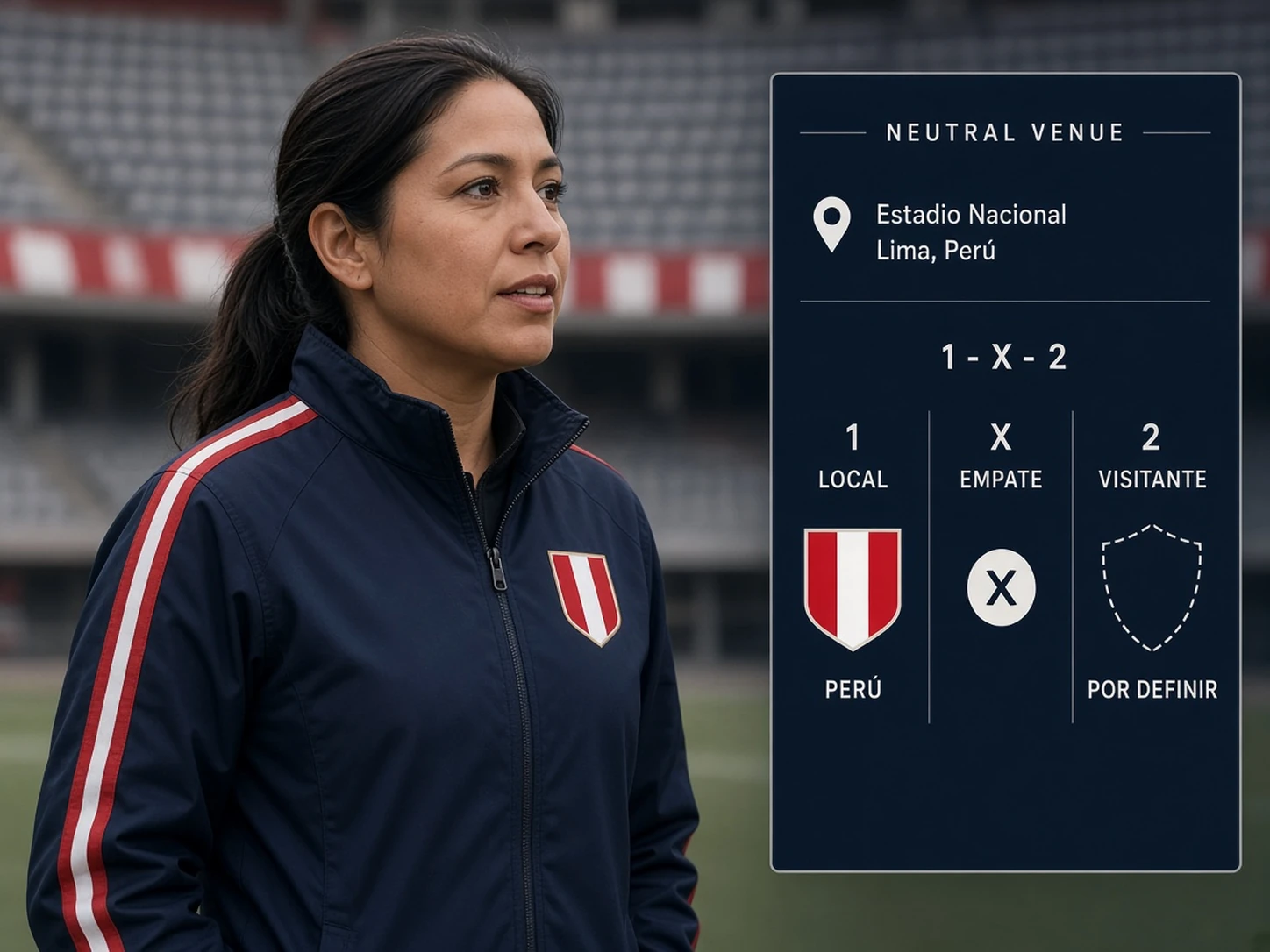 Mujer peruana comparando local y visitante designados en un partido de Perú disputado en sede neutral