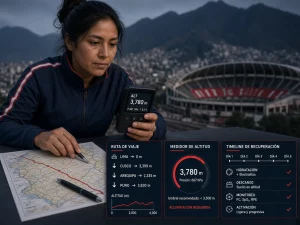 Mujer peruana comparando distancia de viaje, altitud y horario en un partido de la selección