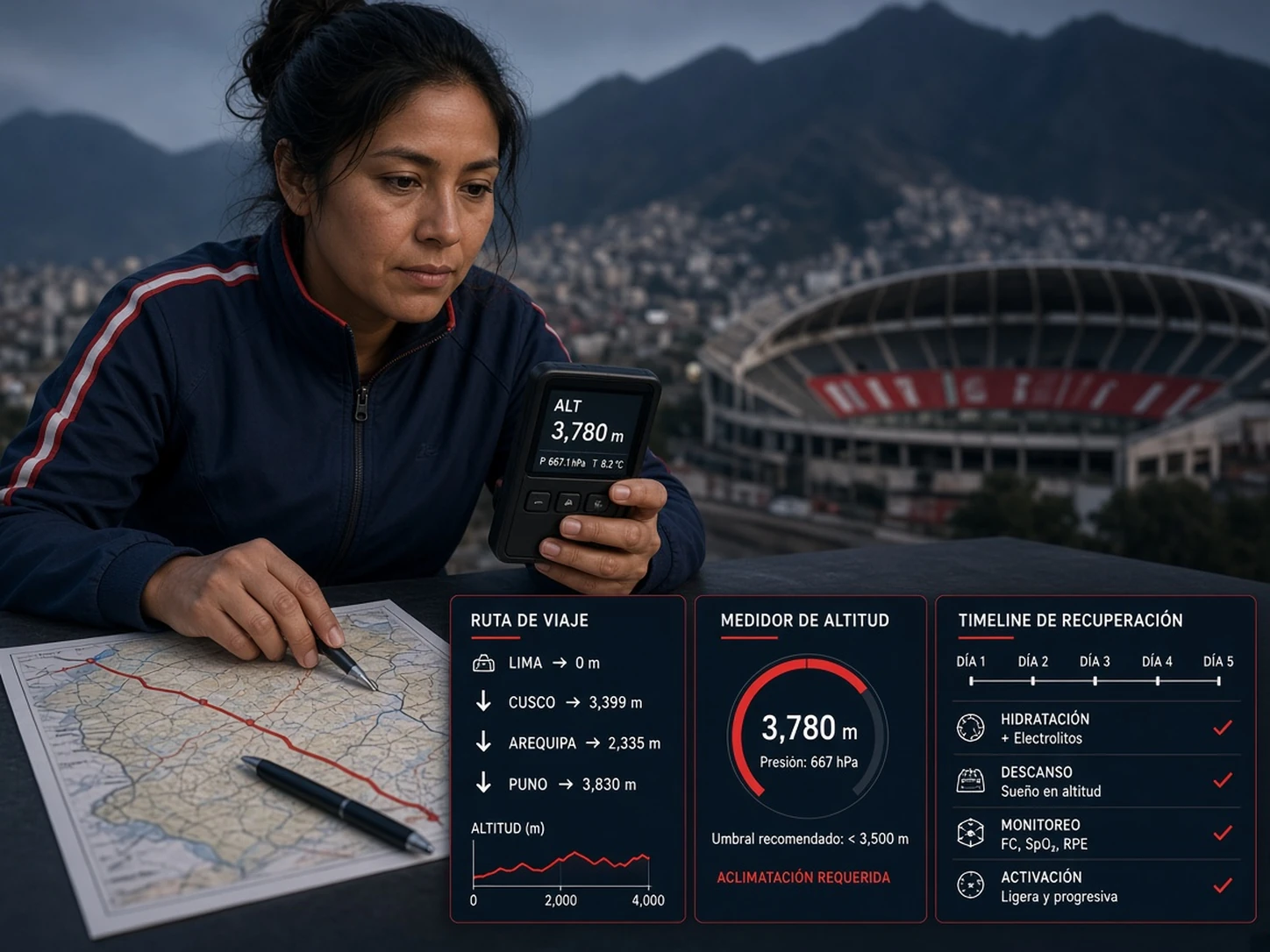 Mujer peruana comparando distancia de viaje, altitud y horario en un partido de la selección
