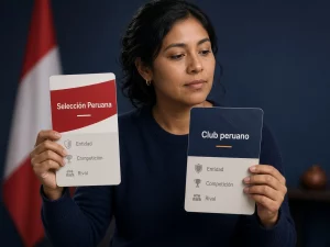 Mujer peruana comparando una ficha de Selección Peruana con una ficha de club peruano