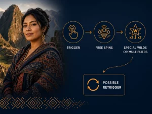 Mujer peruana explicando un flujo de activación, Free Spins y retrigger