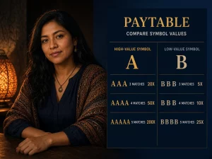 Mujer peruana comparando símbolos de alto y bajo valor en una tabla de pagos