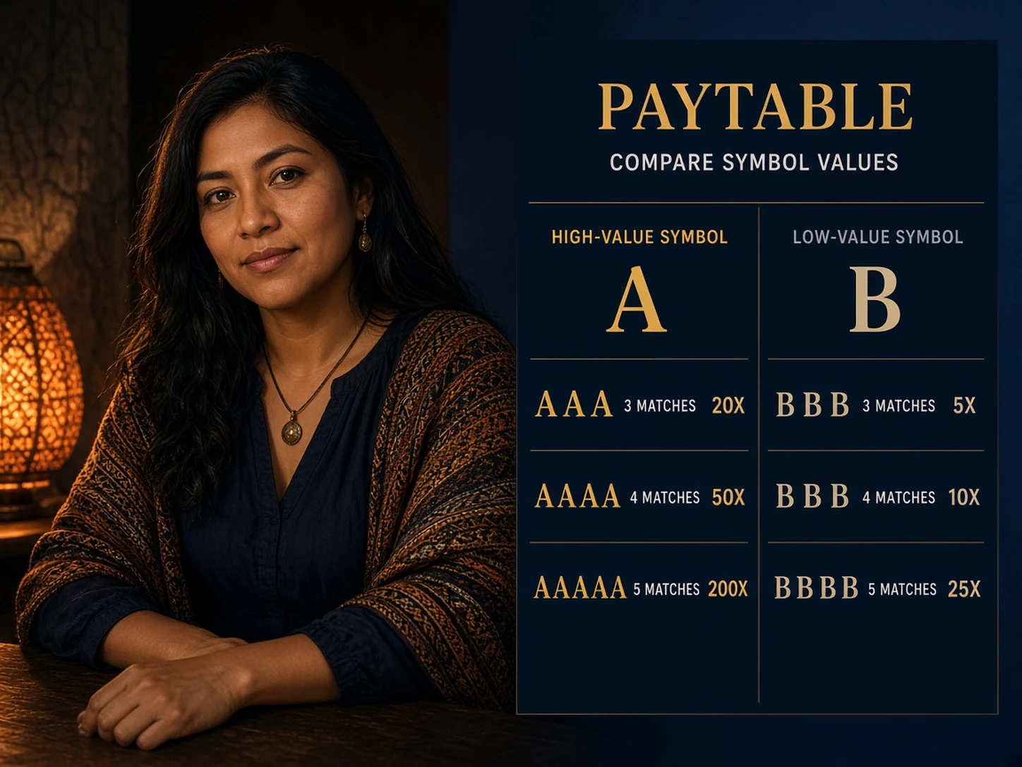 Mujer peruana comparando símbolos de alto y bajo valor en una tabla de pagos