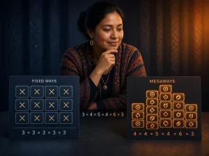 Mujer peruana comparando un sistema Ways to Win fijo con una estructura Megaways de carretes dinámicos