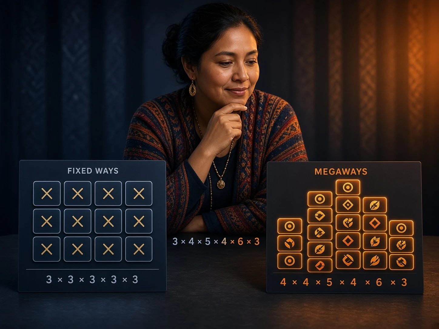 Mujer peruana comparando un sistema Ways to Win fijo con una estructura Megaways de carretes dinámicos
