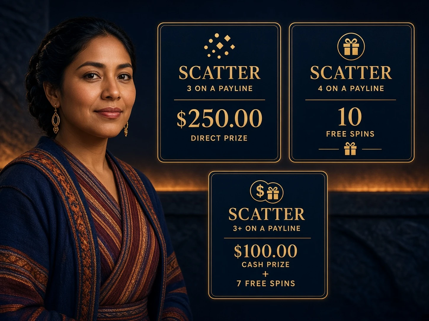 Mujer peruana comparando un Scatter con premio directo con otro que activa una función bonus
