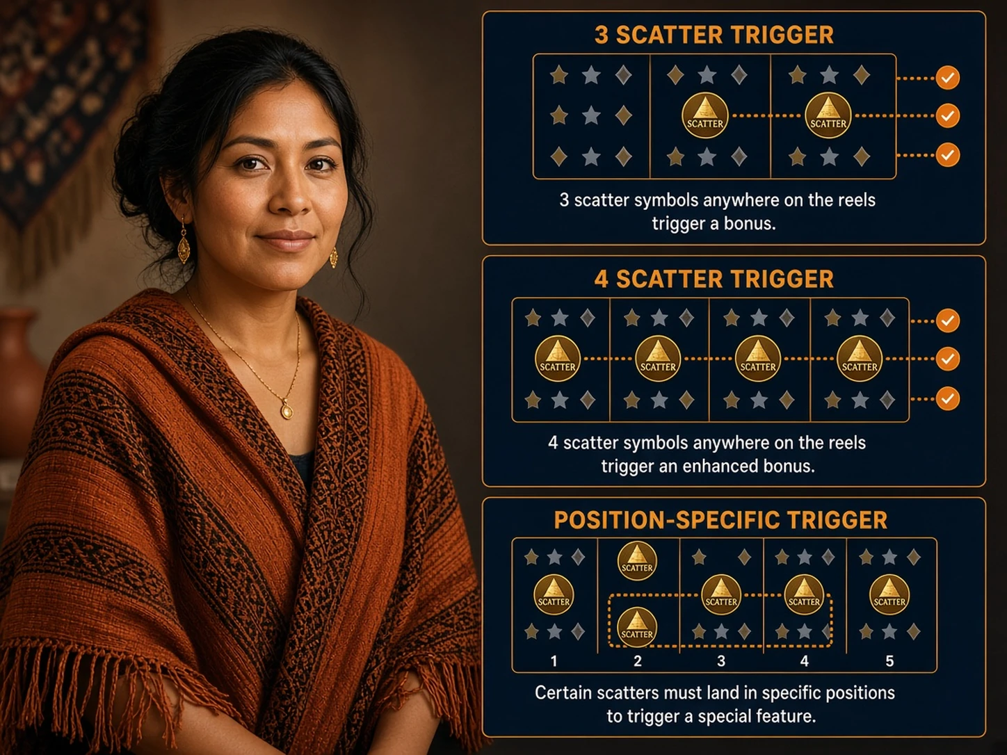 Mujer peruana comparando diferentes condiciones de activación mediante símbolos Scatter
