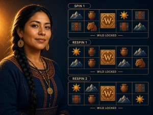 Mujer peruana explicando un Sticky Wild que permanece en la misma posición durante varios giros