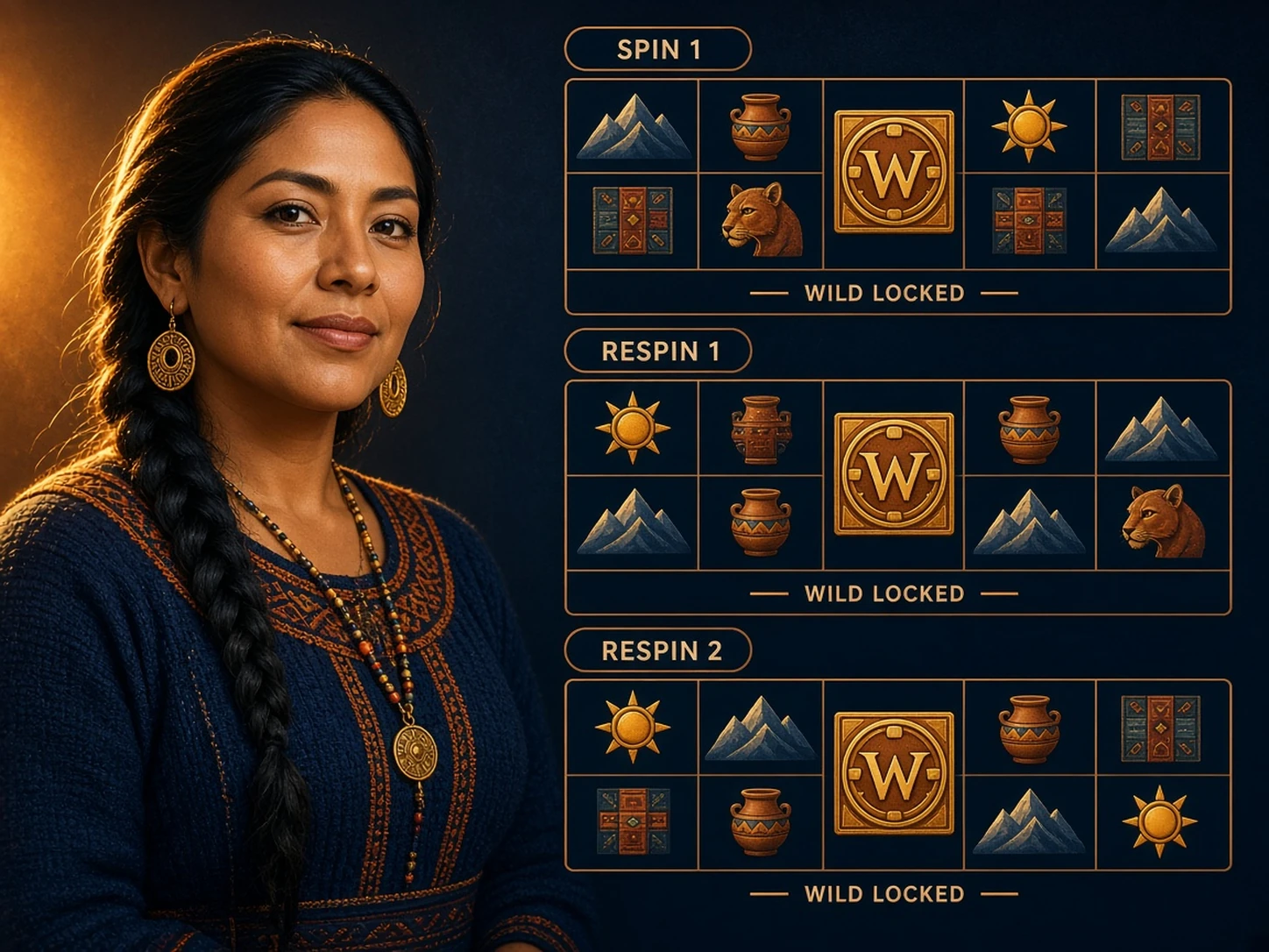 Mujer peruana explicando un Sticky Wild que permanece en la misma posición durante varios giros