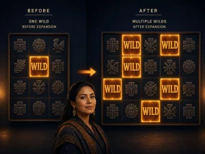 Mujer peruana mostrando cómo un Wild se expande para ocupar varias posiciones