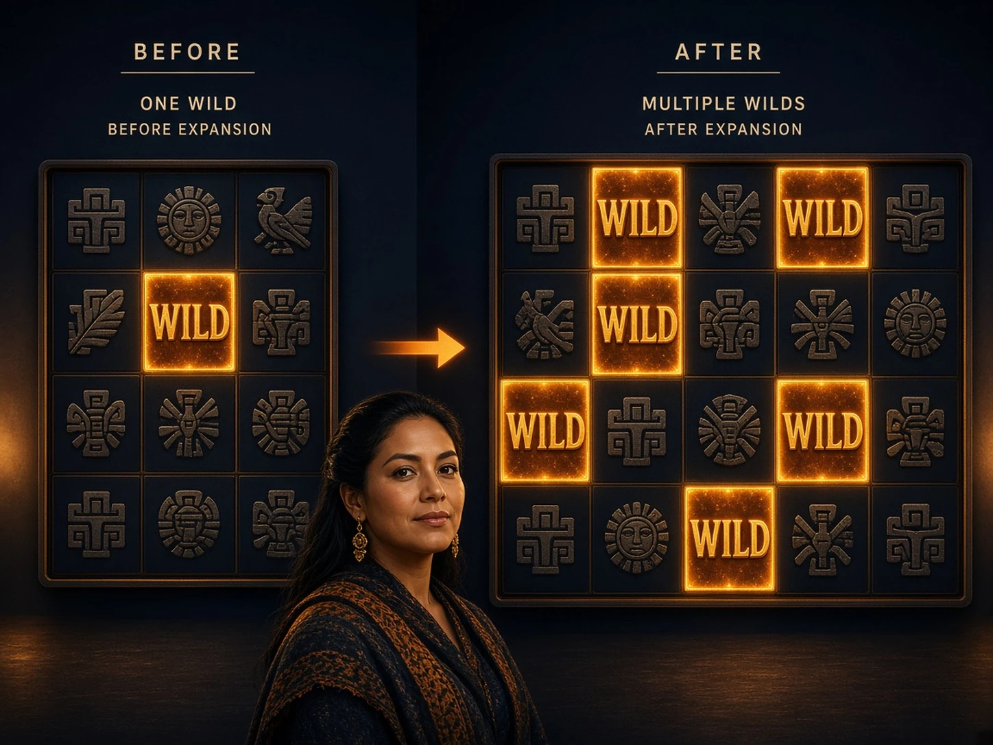 Mujer peruana mostrando cómo un Wild se expande para ocupar varias posiciones