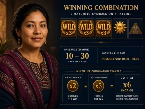 Mujer peruana explicando un Wild multiplicador x3 aplicado a una combinación ganadora