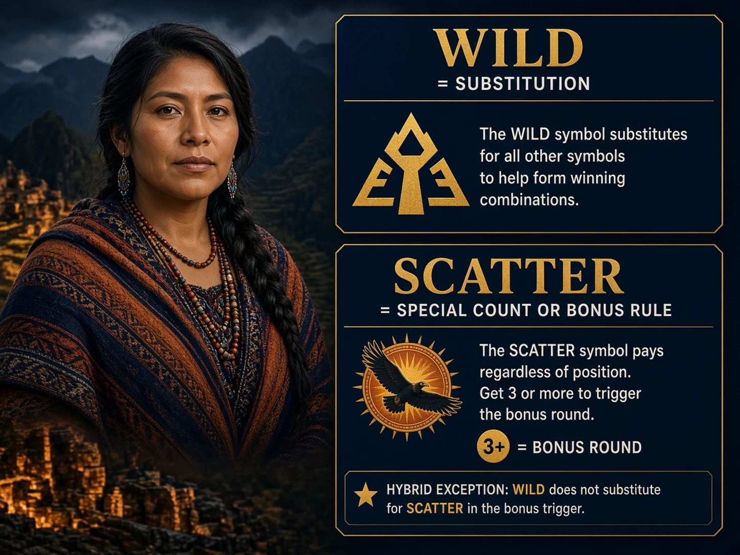 Mujer peruana comparando la función de un símbolo Wild con la de un Scatter