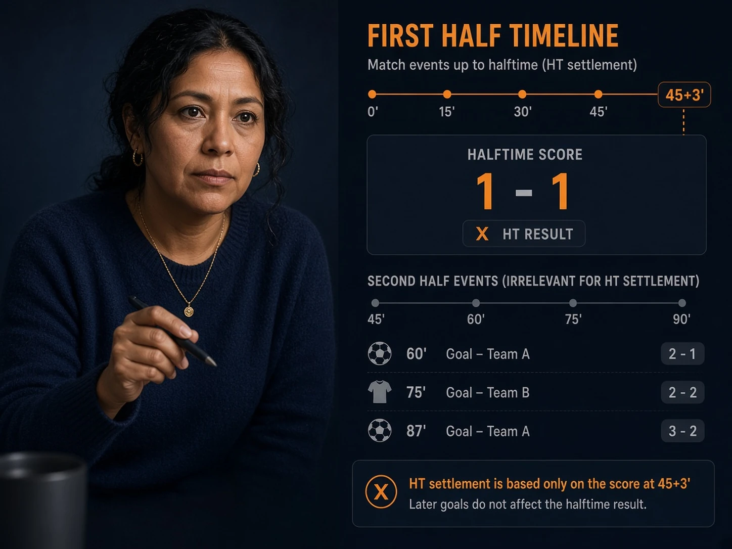 Mujer peruana explicando el marcador usado para liquidar un 1X2 del primer tiempo