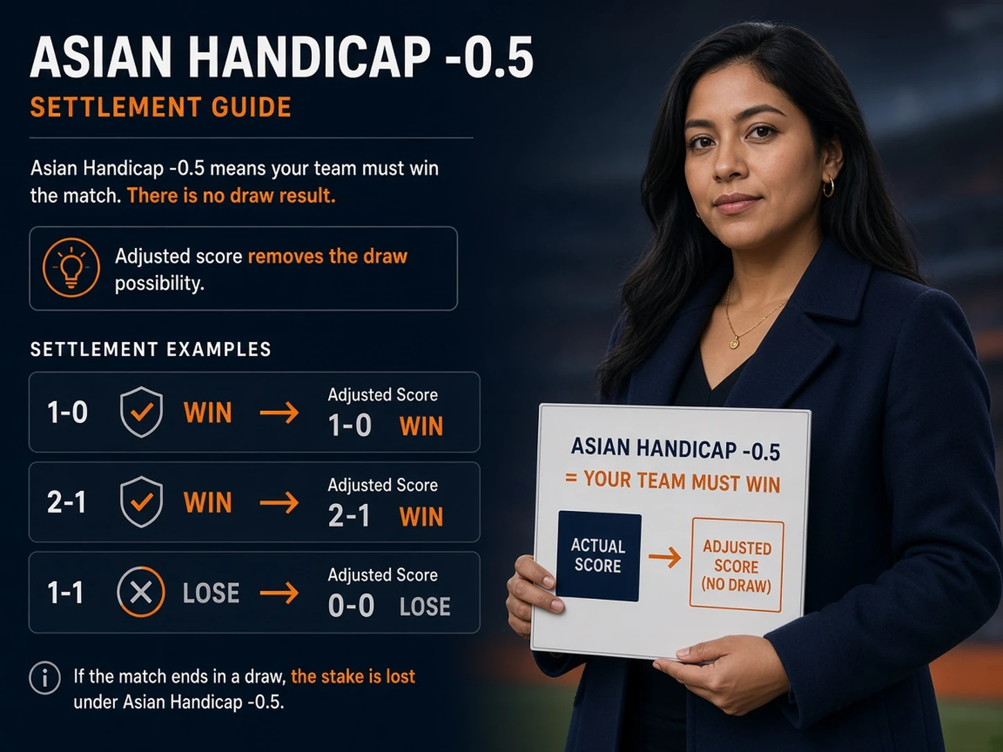 Mujer peruana explicando qué resultados ganan con hándicap asiático menos 0.5