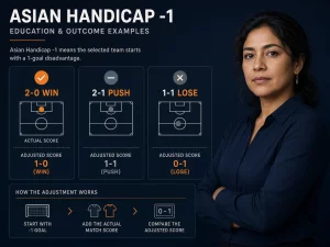 Mujer peruana explicando el push del hándicap asiático menos 1 cuando un equipo gana por un gol