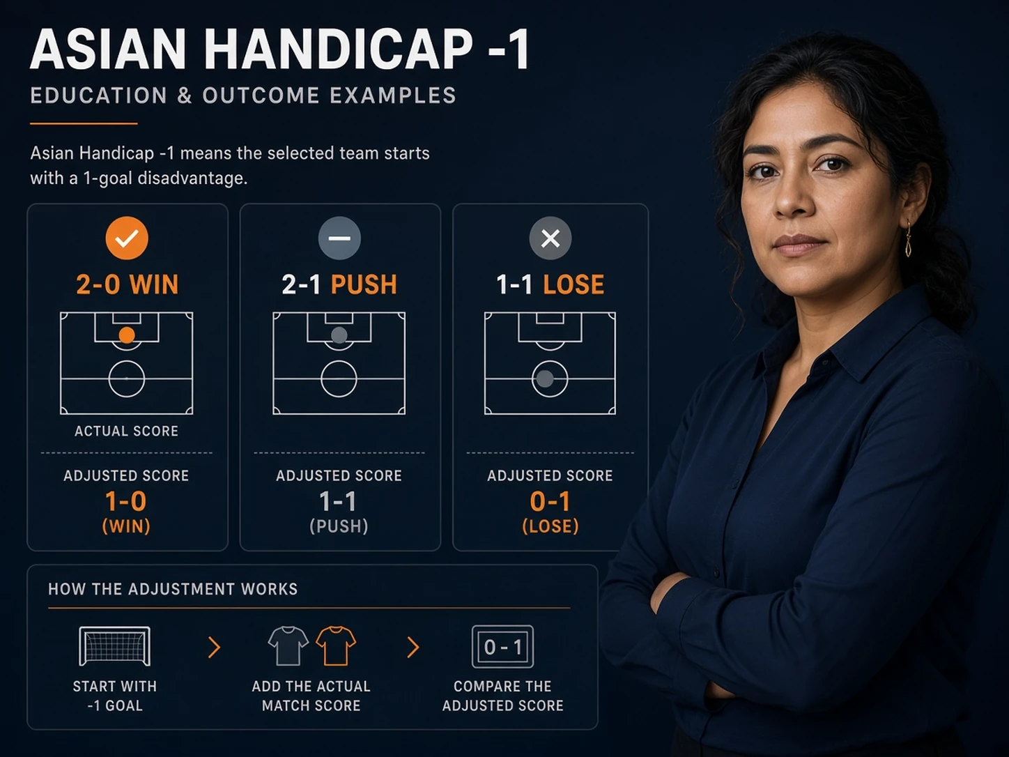 Mujer peruana explicando el push del hándicap asiático menos 1 cuando un equipo gana por un gol