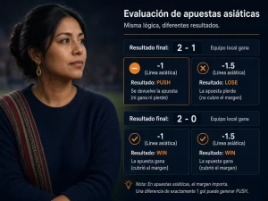 Mujer peruana comparando la liquidación de hándicap asiático menos 1.5 y menos 1
