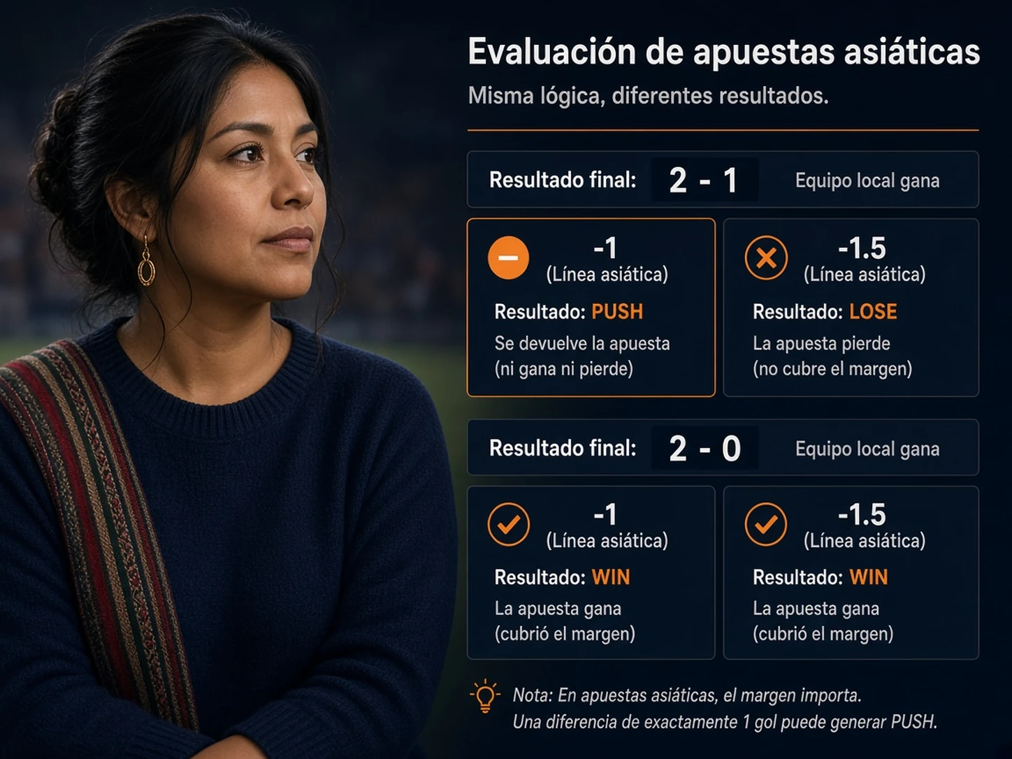 Mujer peruana comparando la liquidación de hándicap asiático menos 1.5 y menos 1