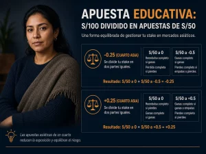 Mujer peruana explicando cómo se divide una apuesta de hándicap asiático menos 0.25 o más 0.25