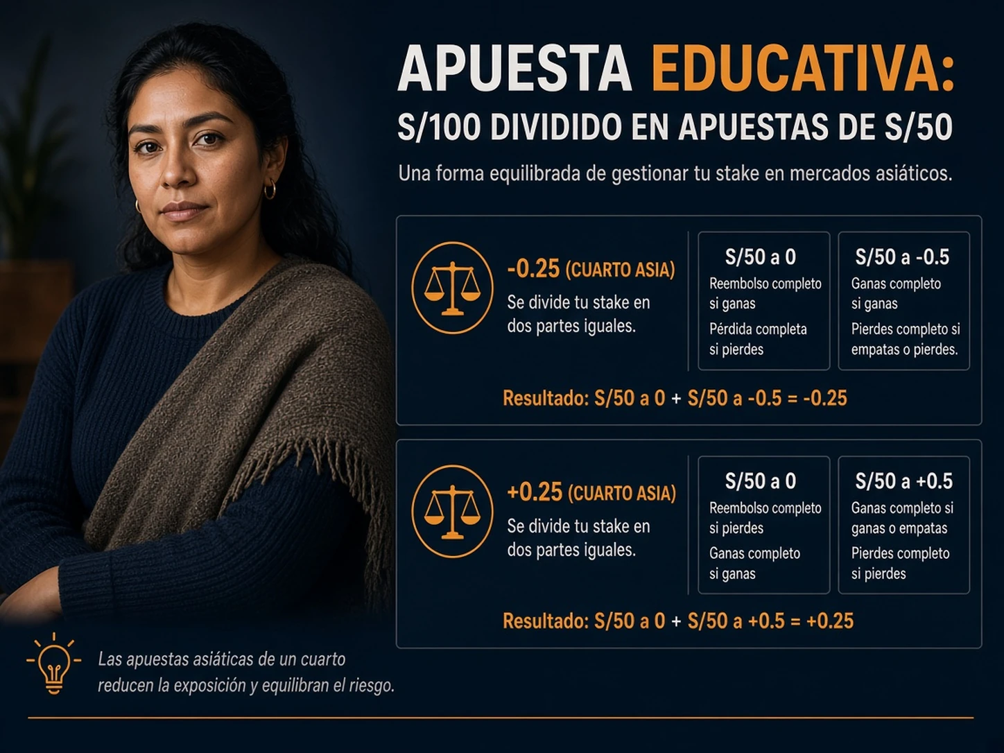 Mujer peruana explicando cómo se divide una apuesta de hándicap asiático menos 0.25 o más 0.25