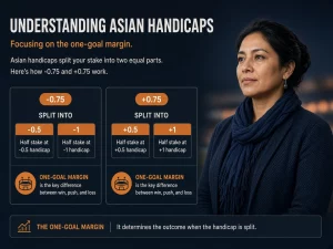 Mujer peruana explicando la liquidación de hándicap asiático menos 0.75 y más 0.75