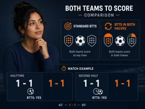 Mujer peruana comparando ambos equipos marcan con ambos equipos marcan en ambas mitades