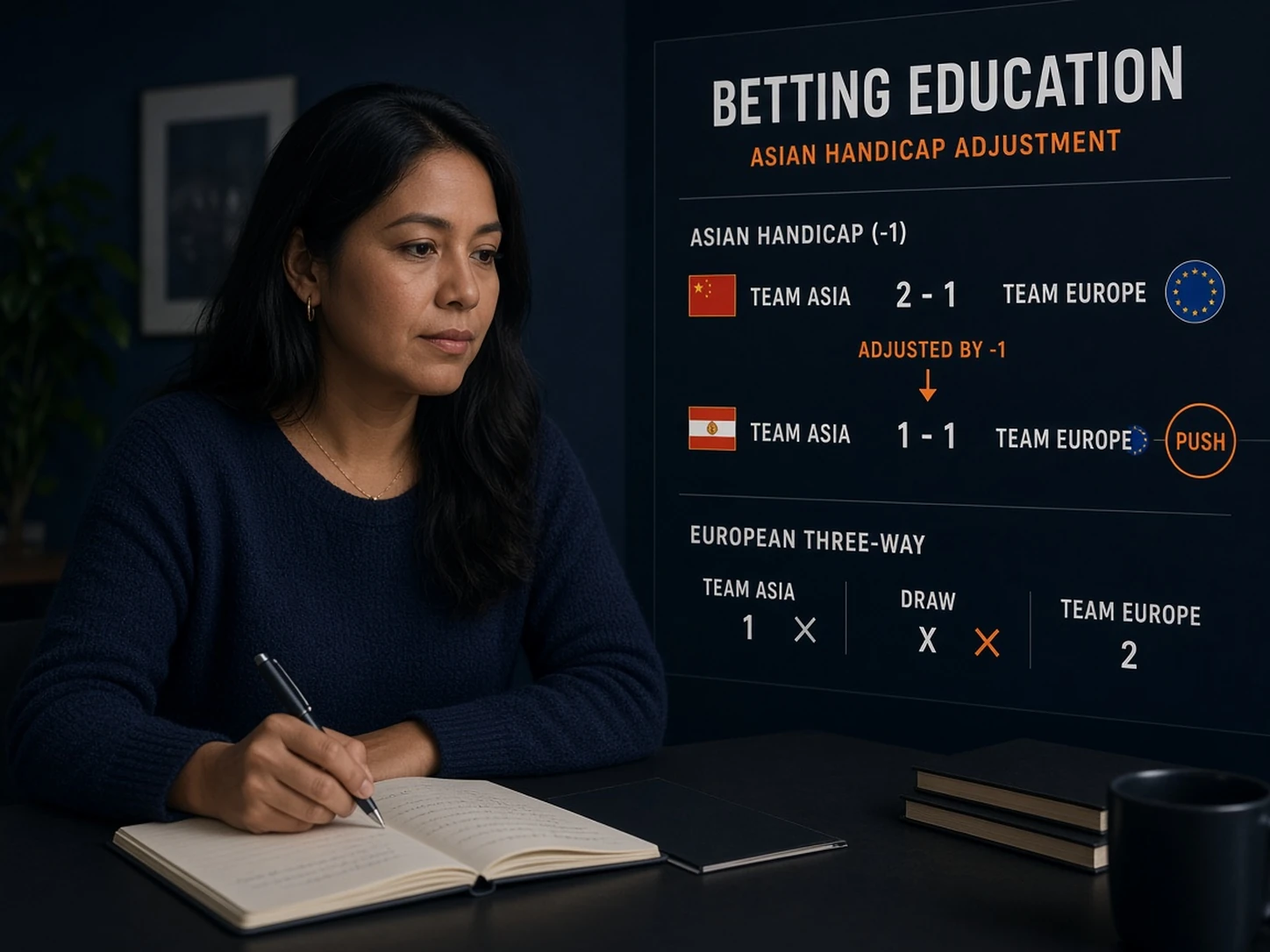 Mujer peruana comparando hándicap europeo menos 1 y asiático menos 1 con marcador 2-1