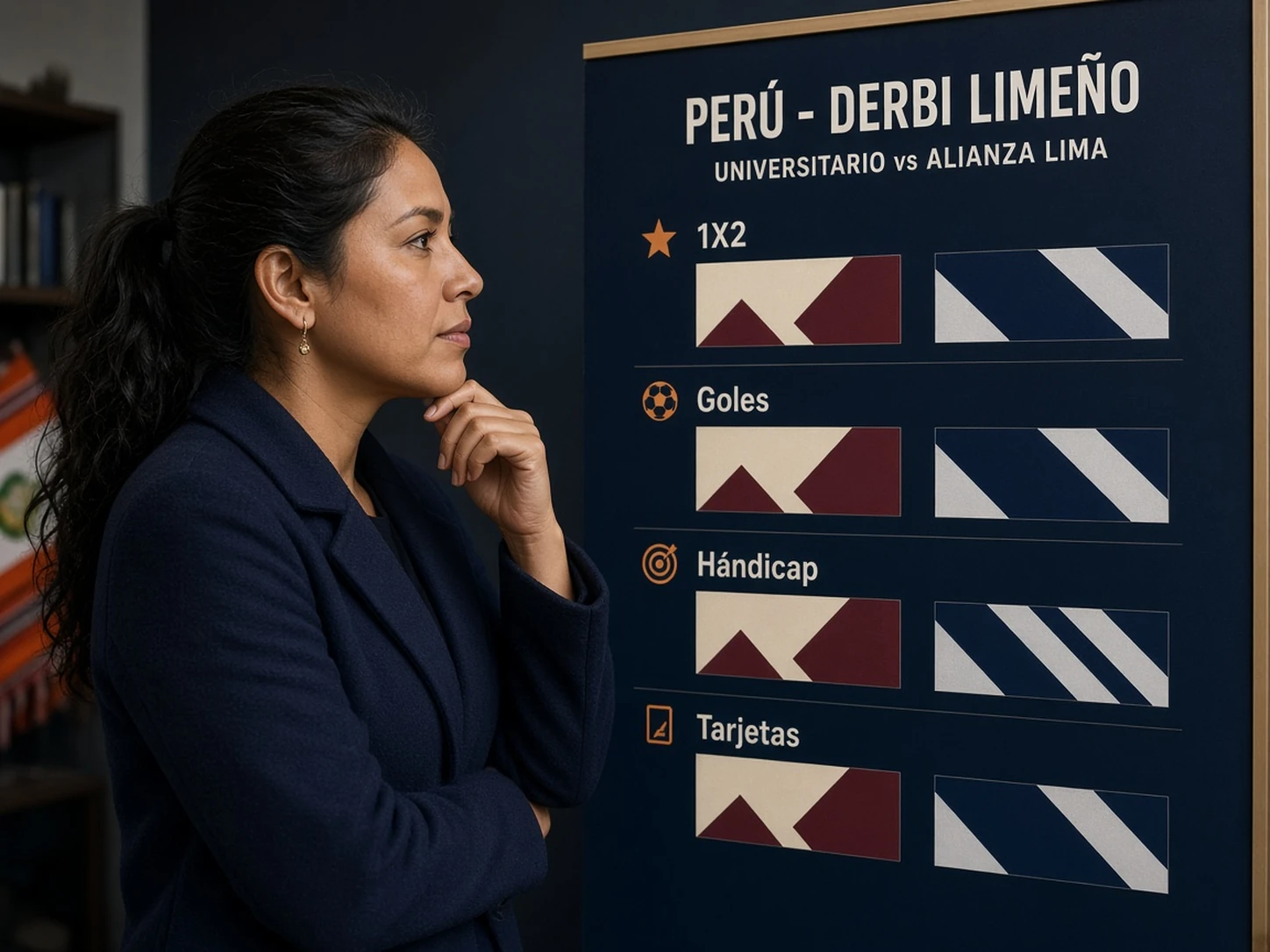 Mujer peruana analizando cuotas y mercados de Universitario vs Alianza Lima