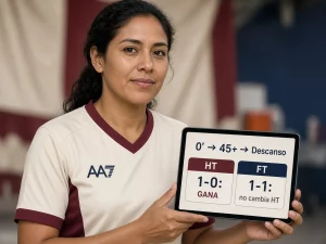Mujer peruana comparando marcador al descanso y marcador final para el mercado Universitario sin recibir gol en el primer tiempo