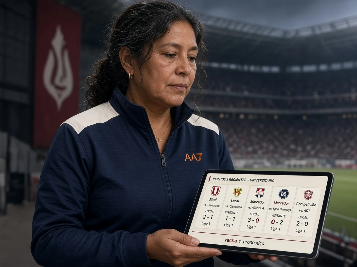 Mujer peruana revisando una secuencia de resultados recientes de Universitario junto con rival, localía y competición
