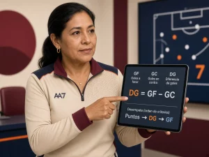 Mujer peruana calculando GF, GC, diferencia de gol y promedios por partido de Universitario en una tabla deportiva