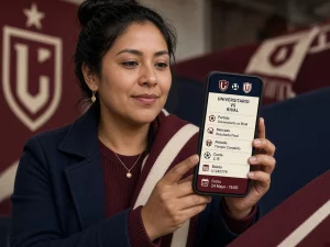 Mujer peruana revisando en su celular un mercado y boleto de un partido de Universitario