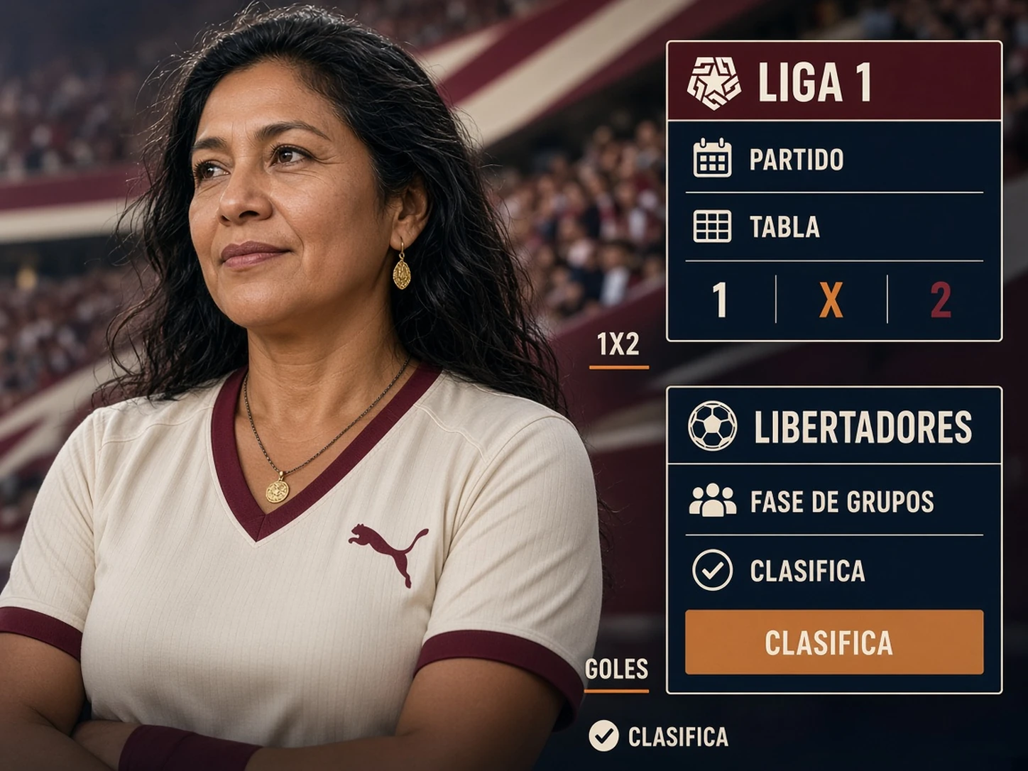 Mujer peruana comparando mercados de Universitario en Liga 1 y Copa Libertadores en dos paneles de competición