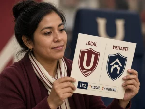 Mujer peruana comparando etiquetas local y visitante en un partido de Universitario