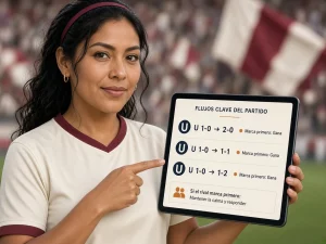 Mujer peruana siguiendo una línea de tiempo donde Universitario marca primero y después el partido termina en victoria, empate o derrota