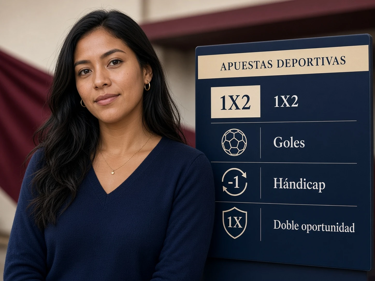 Mujer peruana explicando mercados 1X2, goles, hándicap y doble oportunidad en un partido de Universitario